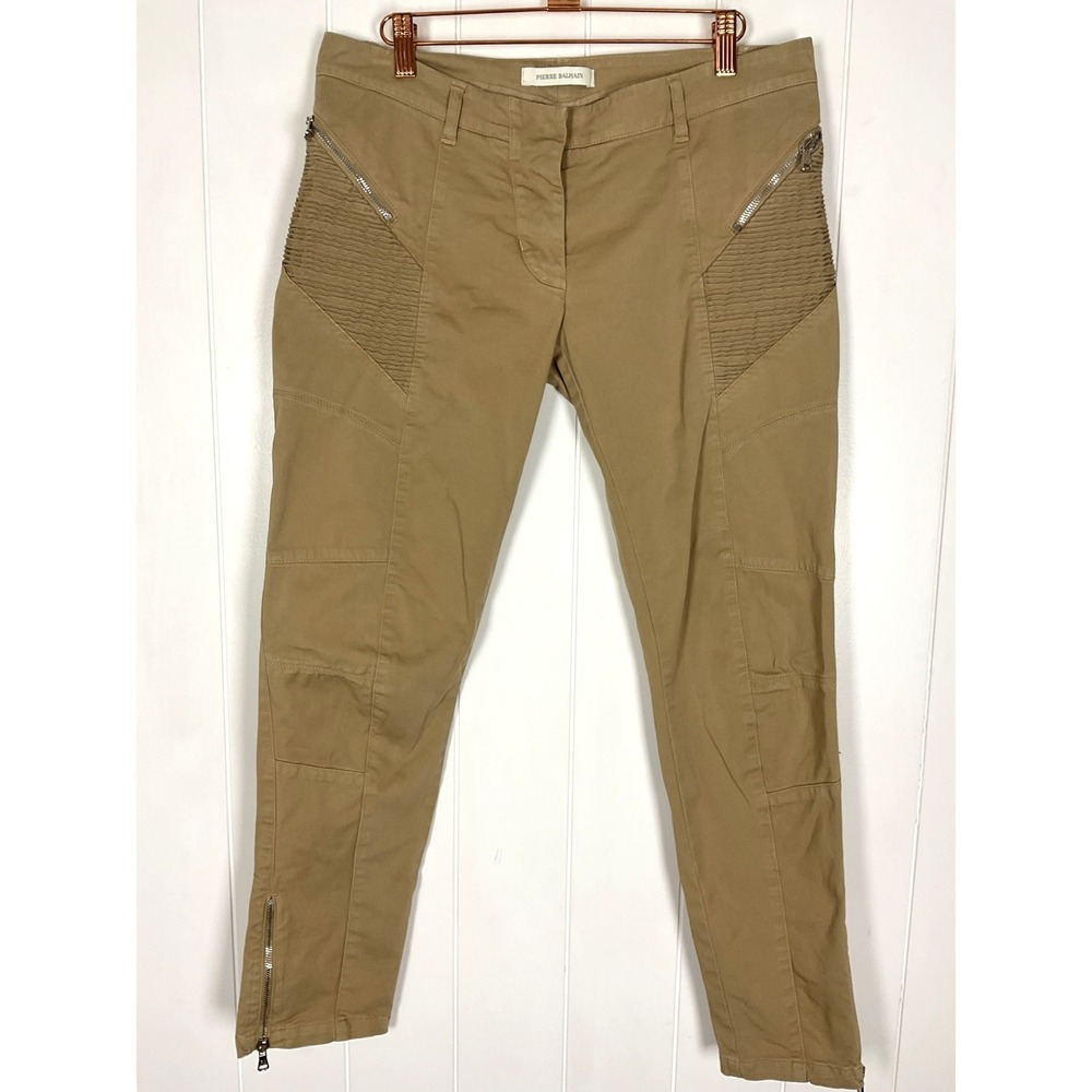 PIERRE BALMAIN Khaki Stretch Cotton Twill Skinny Moto Pants‎ 30/44